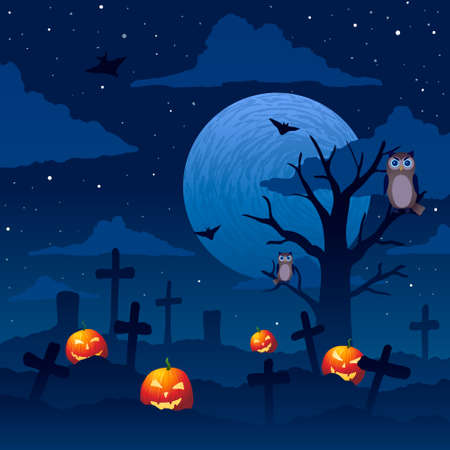 Vector illustration. Halloween. Pumpkin Jack on background of bare tree, cemetery and full moon.のイラスト素材