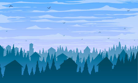 Vintage town in fog, vector illustrationのイラスト素材