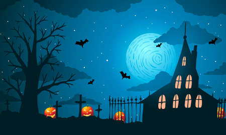 Vector illustration of halloween. Pumpkin Jack on background of the old house, cemetery and full moon.のイラスト素材