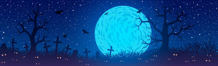 Vector illustration. Halloween. glowing eyes in cemetery on background of full moon.のイラスト素材