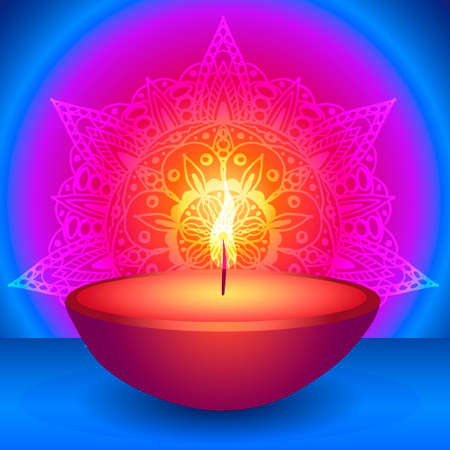 Diwali lamp glowing on a multicolored backgroundのイラスト素材