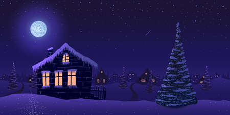 Vector illustration. House in snowy village with pine trees at starry nightのイラスト素材