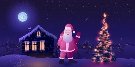 Santa Claus next to decorated Christmas tree waving at background of night village in snow on moonlit nightの写真素材