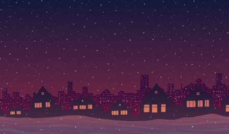 Vector winter abstract illustration. Cartoon town in snow at night.のイラスト素材