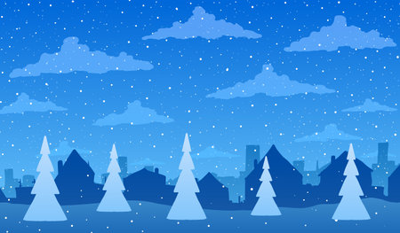 Vector winter cartoon illustration. Town in snow.のイラスト素材