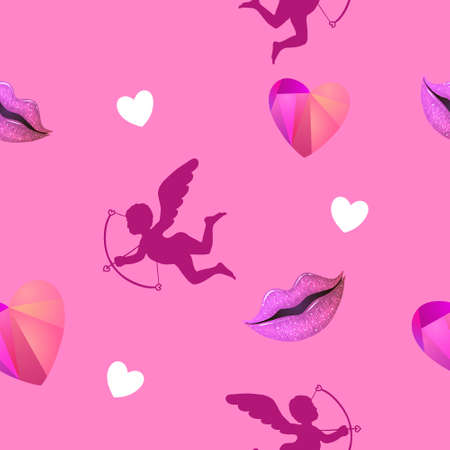Vector seamless pink background for Valentines day. Cupids, kisses, and hearts.のイラスト素材
