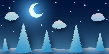 Abstract vector winter blue night cartoon background. Moon among stars and clouds and white firs.のイラスト素材