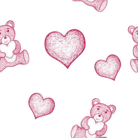 Vector seamless pink background for Valentines day. hearts and teddy bear in strokes.のイラスト素材
