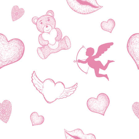 Vector seamless pink background for Valentines day. Cupids, kisses, and hearts in strokes.のイラスト素材