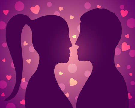 Vector illustration for Valentines Day. Couple in love kissing on background of heartsのイラスト素材