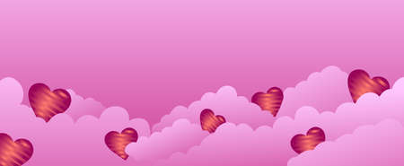 Vector pink background with hearts among cloudsのイラスト素材