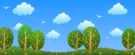 Spring cartoon landscape. Clouds, trees on green grass with flowers.のイラスト素材