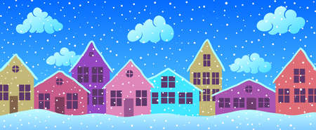 cartoon abstract snowfall in city with colorful houses in winterのイラスト素材