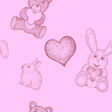 Vector seamless pink background for Valentines day. teddy bear and bunny with hearts in strokes.のイラスト素材