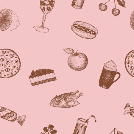 vector seamless background with food and drinks in vintage retro styleのイラスト素材