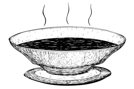 Vector bowl of soup in vintage style painted in strokes on white background.のイラスト素材