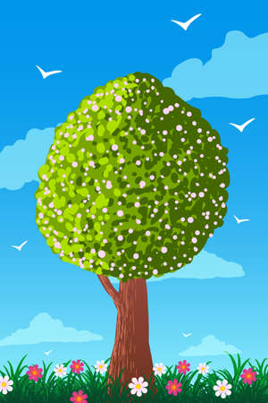 Spring illustration blooming tree on grass with flowers against blue sky.のイラスト素材