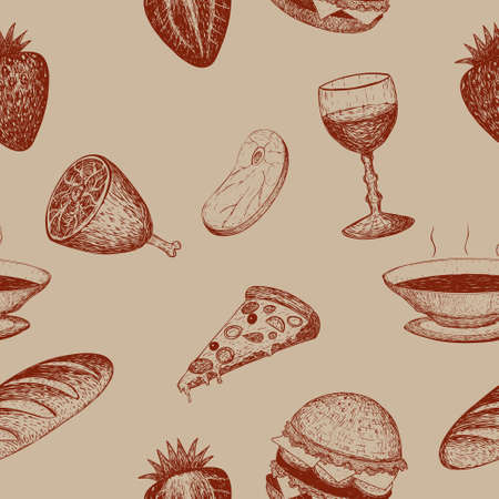 vector seamless background with food and drinks in vintage retro styleのイラスト素材