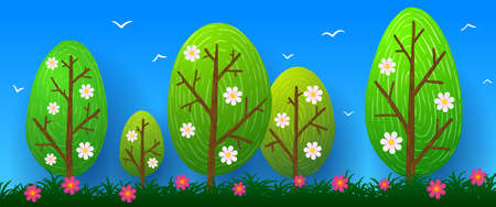 Spring cartoon vector illustration tree on grass with flowers against a blue sky.のイラスト素材