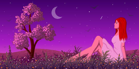 Vector beautiful woman in bright dress sitting on flowery meadow with tree at starry eveningのイラスト素材