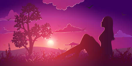 Vector silhouette of beautiful woman sitting in flowery meadow with tree at bright sunsetの写真素材