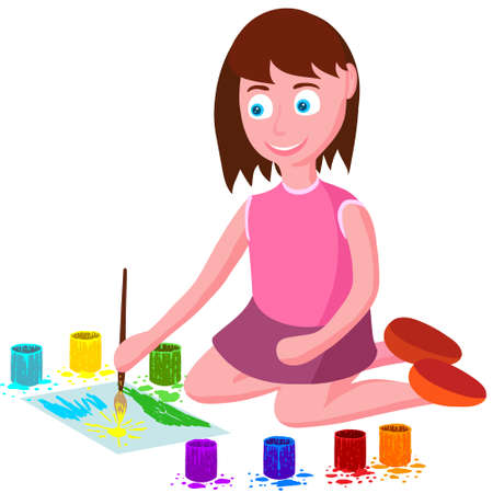 Vector cartoon little smiling girl draws with paints.のイラスト素材