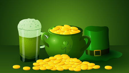 Vector illustration of st. Patrick s Day. pot of gold with hat and beer on green background.のイラスト素材