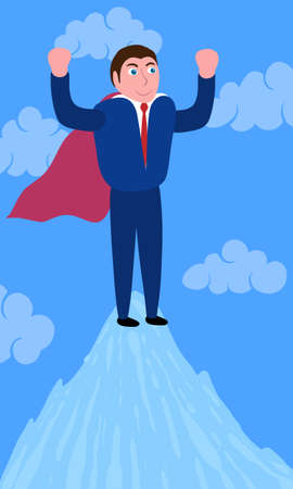 winning businessman with cape on top of mountainのイラスト素材