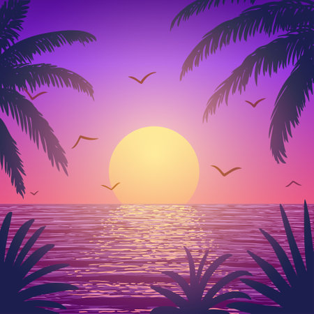 Vector illustration. Silhouettes of palm trees on background of ocean at sunset.の写真素材