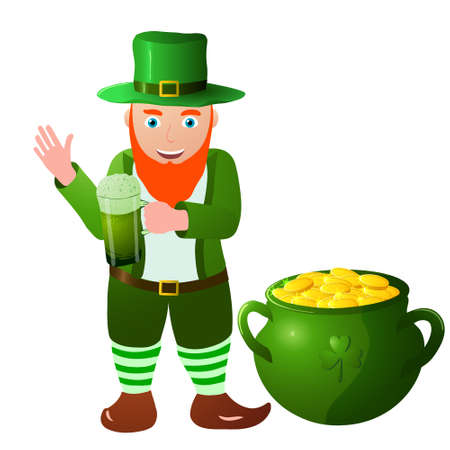 Vector icon illustration of St. Patricks Day, a leprechaun with a beer mug waving his hand with a pot of goldのイラスト素材