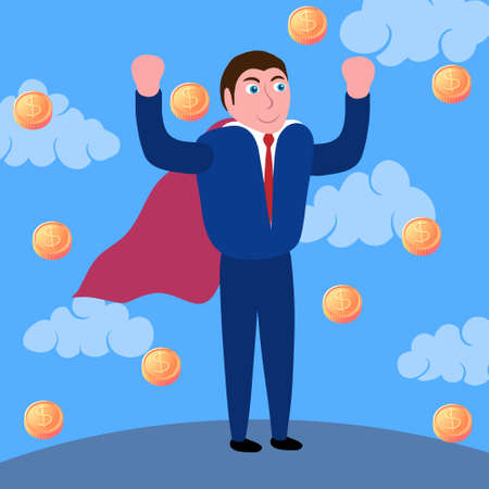 Vector illustration of business success. The businessman in the raincoat wins stands in the rain of moneyのイラスト素材