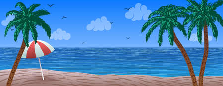 Blue ocean beach, umbrella on sand and palm trees in vector.のイラスト素材