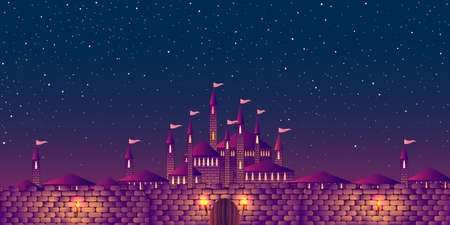 Vector illustration. Fantasy castle medieval town at starry night.のイラスト素材