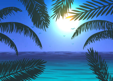 Vector palm trees leaves on ocean backgroundのイラスト素材