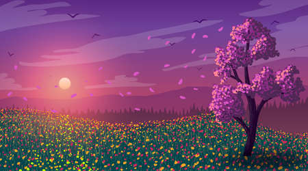 Spring sunset. Blooming tree on meadow with flowers and Birds flying in clouds.のイラスト素材