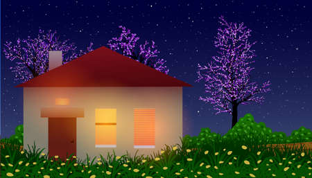small house among a blooming meadow and trees at nightのイラスト素材
