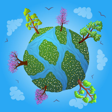 Vector cartoon Illustration of Earth. Ecology. Earth in blossom trees and flowers.