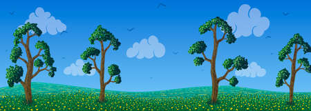 Summer cartoon landscape. Clouds, trees on green grass with flowers.のイラスト素材