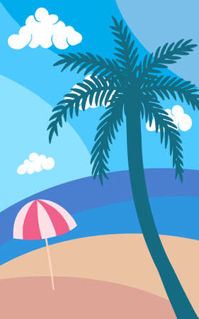 Vector abstract cartoon flat illustration of sand beach on blue ocean shore with palm tree and red umbrellaのイラスト素材