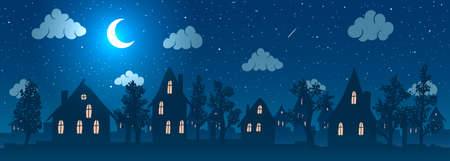 Vector illustration. old cartoon town against stars and moon at nightのイラスト素材