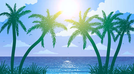 Blue vector ocean sunny beach and palm trees in grassのイラスト素材