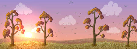 vector autumn deciduous trees with orange leaves on field at sunsetの写真素材