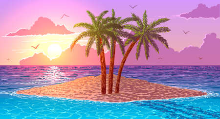 Vector cartoon illustration of island in ocean with three palm trees at sunsetの写真素材