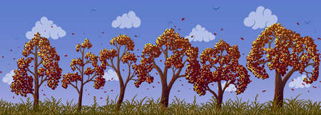 Vector autumn landscape. Orange trees and grass on meadowのイラスト素材