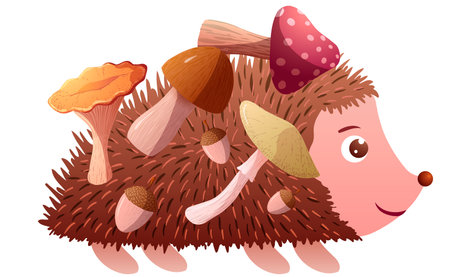 hedgehog with mushrooms on needles isolated on a white backgroundのイラスト素材
