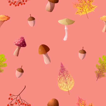 autumn vintage seamless pattern on red backgroundのイラスト素材