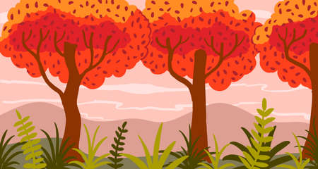 Vector cartoon autumn landscape. Orange trees and grass on meadowのイラスト素材