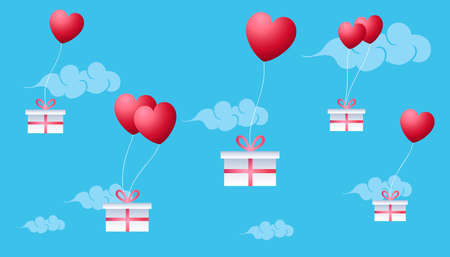 Valentines Day vector illustration. Gifts with a red ribbons flying on balloons in form of hearts on blue background of abstract cloudsのイラスト素材