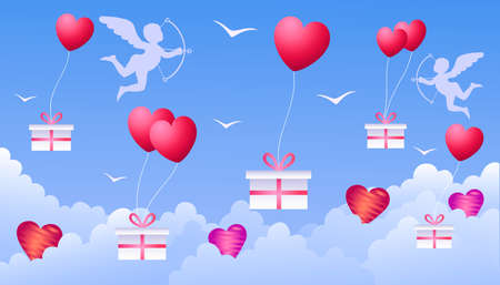 Valentines Day vector illustration. Flying cupids and gifts with a red ribbons flying on balloons in form of hearts on blue background of abstract cloudsのイラスト素材