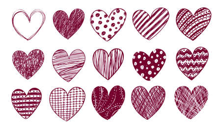 Vector illustration. St. Valentines Day. A set of hand-drawn strokes hearts on white background.のイラスト素材